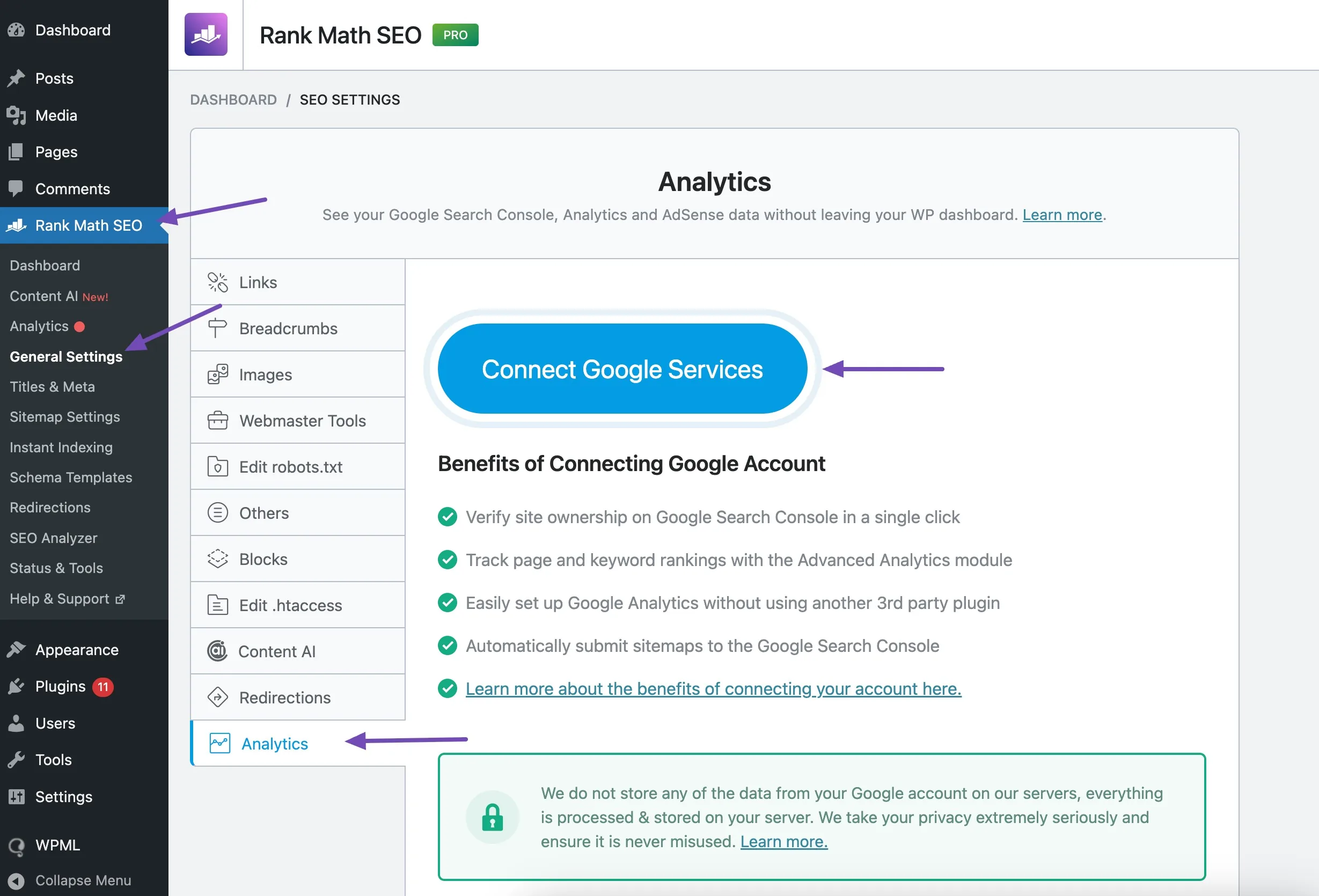 Connect Google account in Rank Math