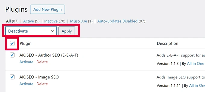 Deactivate all plugins
