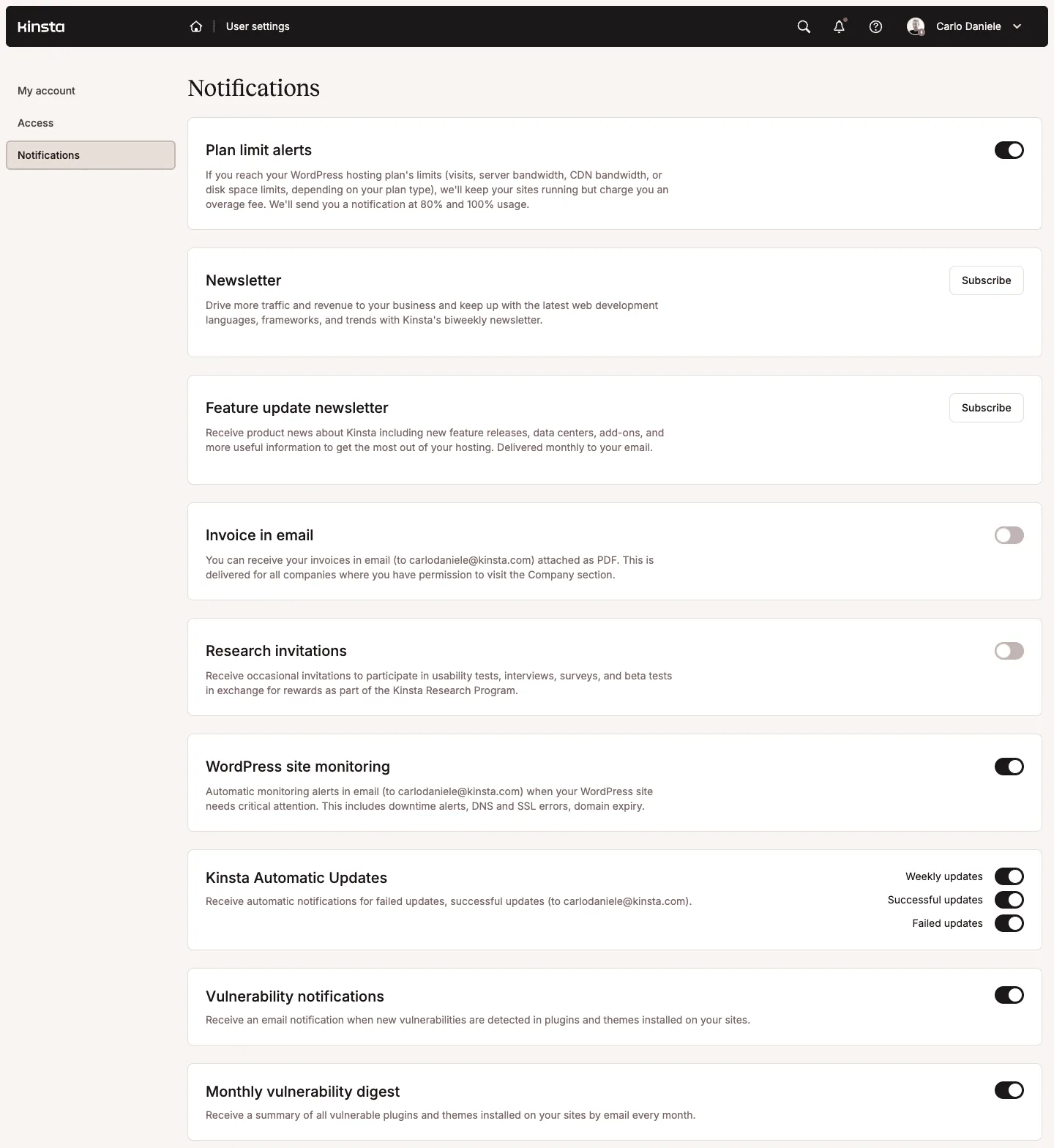 MyKinsta 中的通知设置