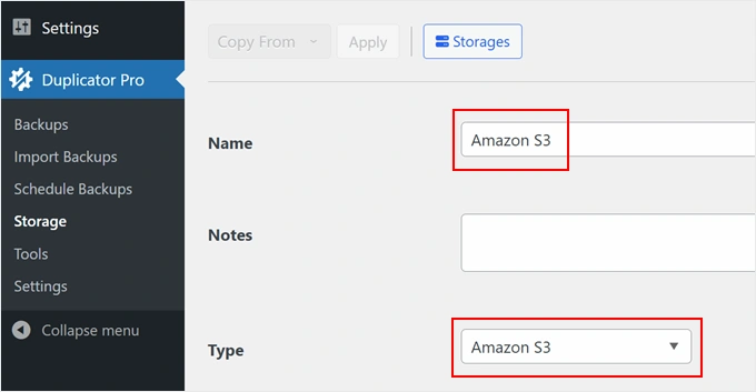Adding Amazon S3 as a storage option in Duplicator
