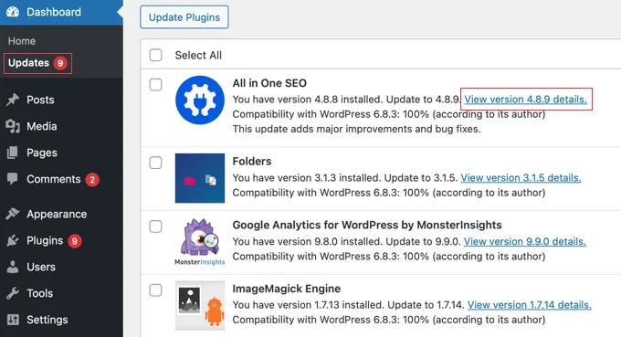 Viewing Version Details of a Plugin Update
