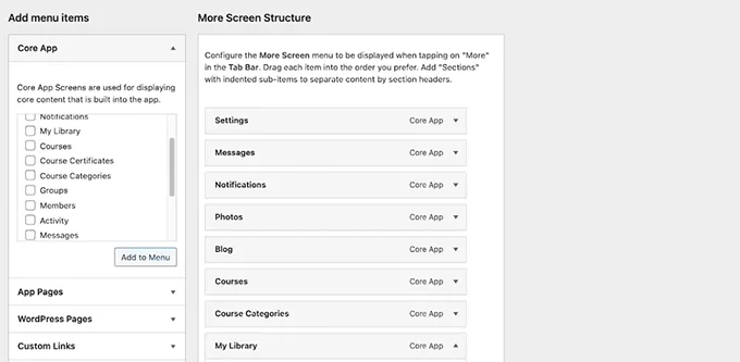 Customize More screen structure in BuddyBoss App