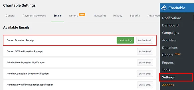 在Charitable中点击邮件设置按钮