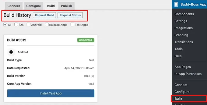 Click the Request Build button in the BuddyBoss App