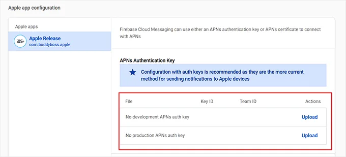 Upload iOS APN authentication key