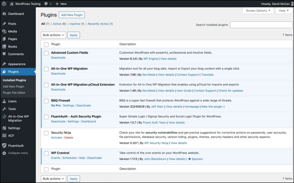 plugins installed on test website