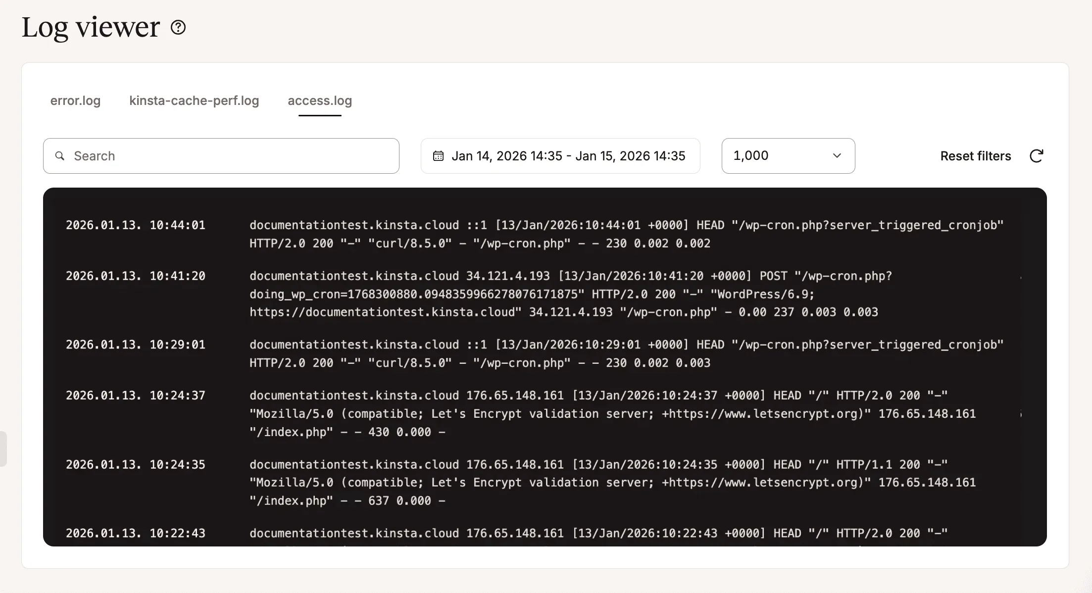 Access log in MyKinsta