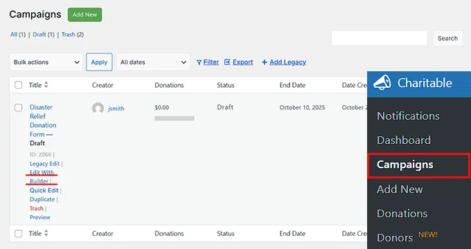 在Charitable中点击使用构建器编辑链接