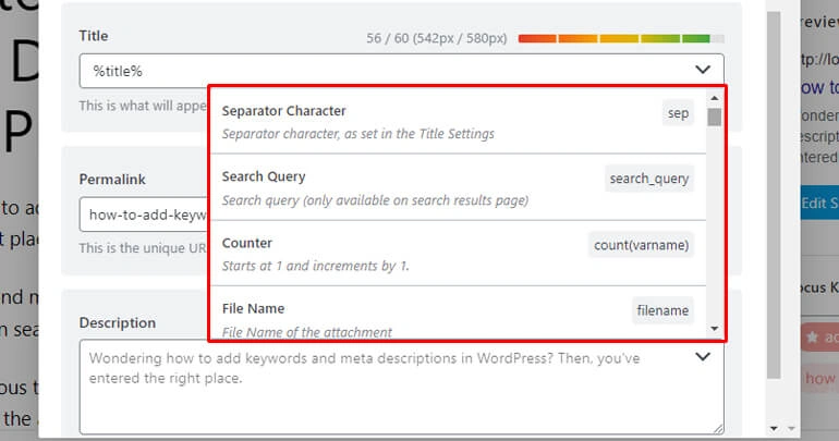 Variables for Meta Description