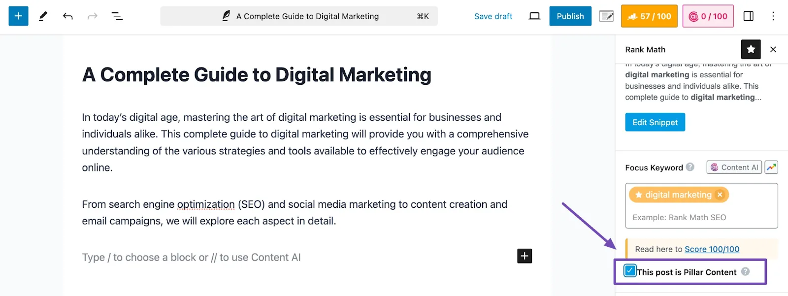 在 Rank Math 中将文章标记为支柱内容