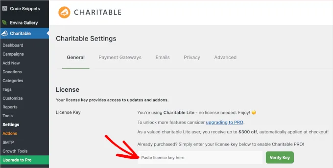 添加 WP Charitable 许可证密钥