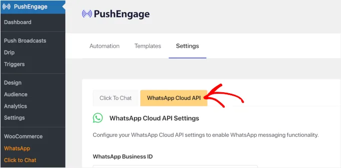 The WA Cloud API tab