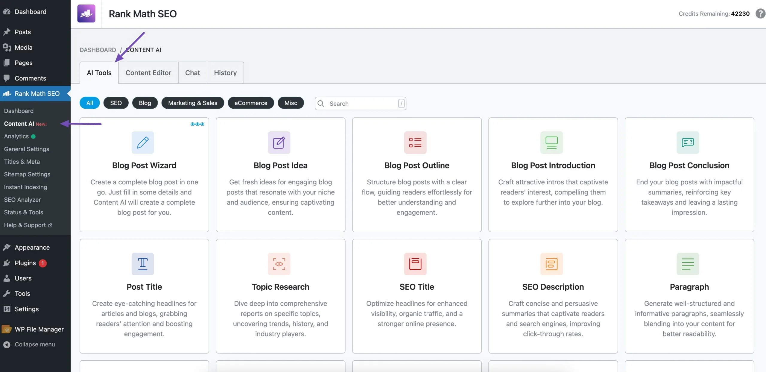 Rank Math SEO 中的 AI 工具