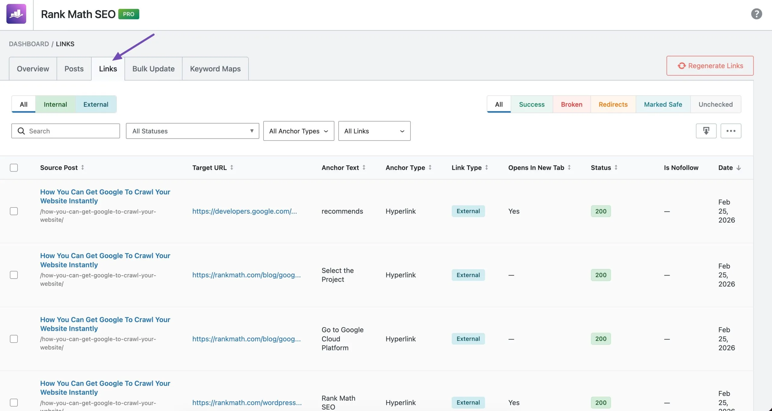 Links tab in AI Link Genius