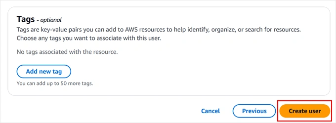 Saving changes to the new Amazon S3 user
