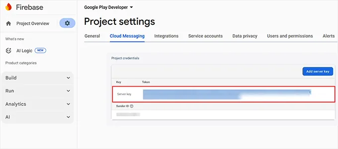 Copy server key from Firebase console