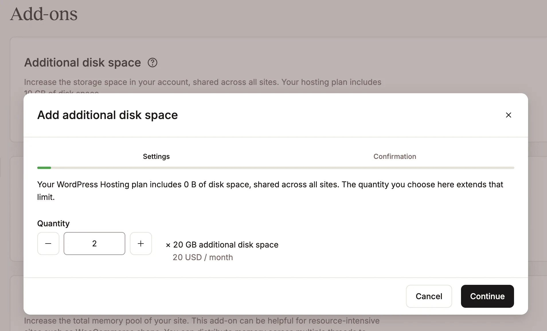 Adding 2 slots of disk space to a website in MyKinsta