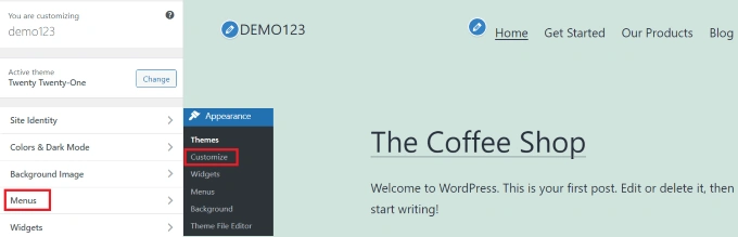 转到主题定制器中的菜单