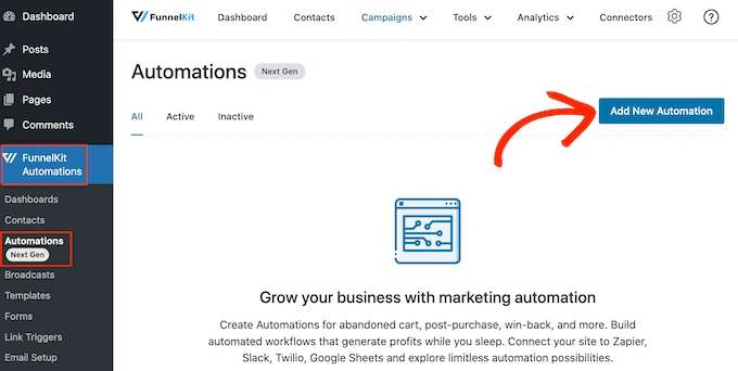 使用 FunnelKit 创建新的 WordPress 自动化