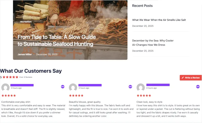 博客页面上的 Reviews Feed