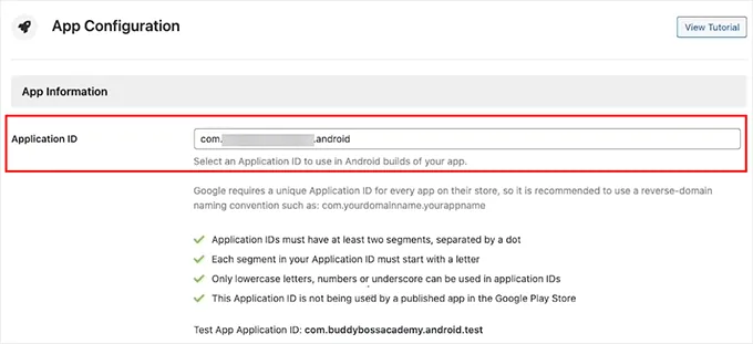 Add your application ID in BuddyBoss app