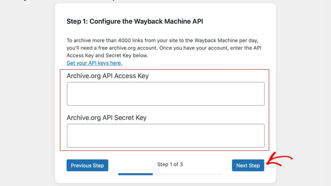 Wayback Link Fixer 设置向导步骤 1