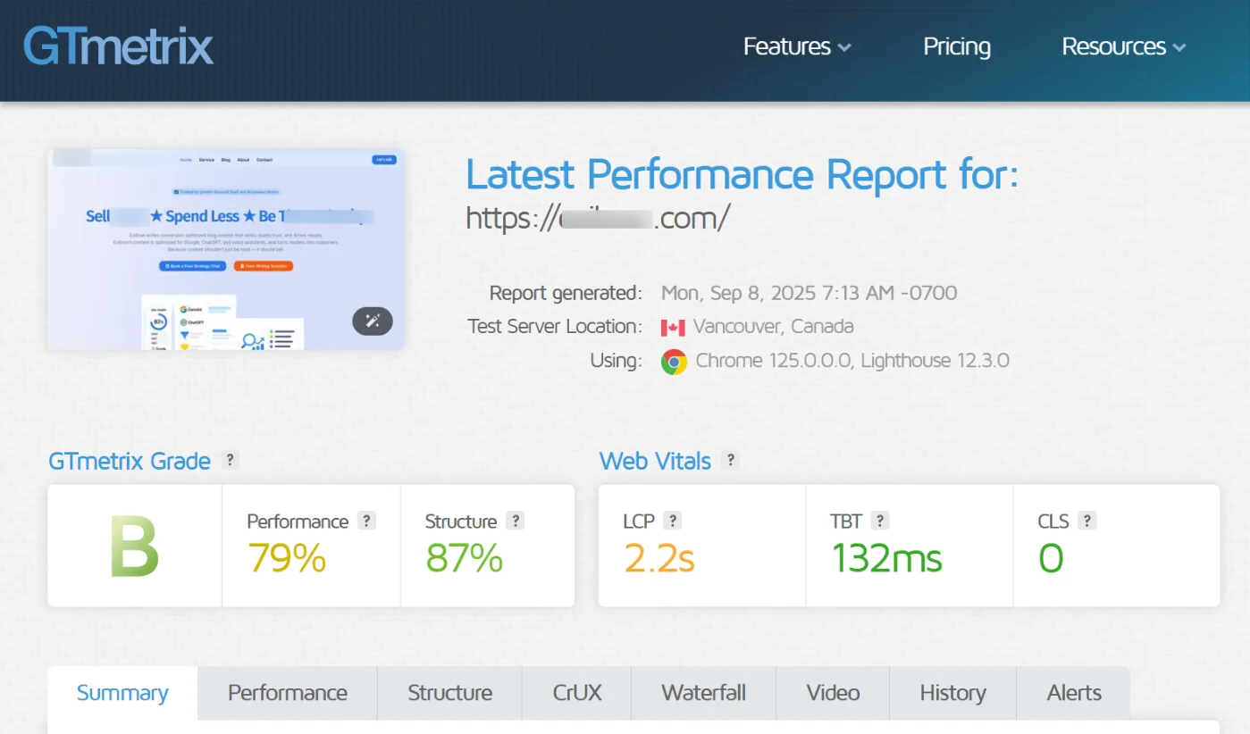 GTmetrix 页面速度测试