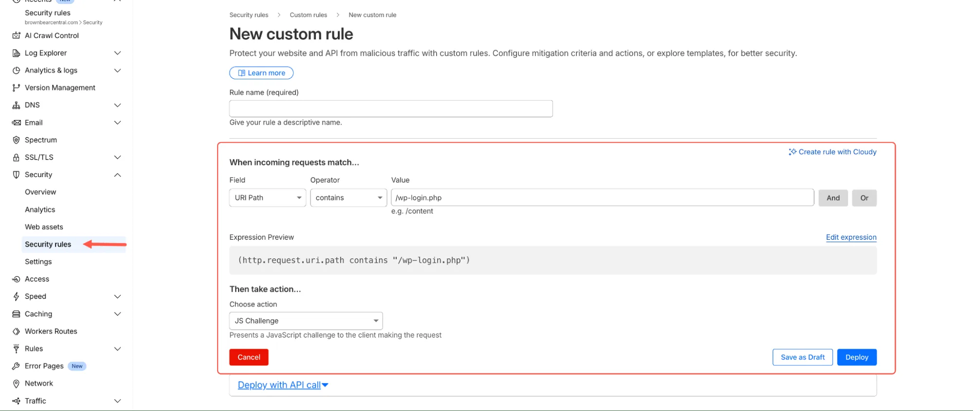 Cloudflare 中用于管理和过滤网络流量的自定义规则设置界面。