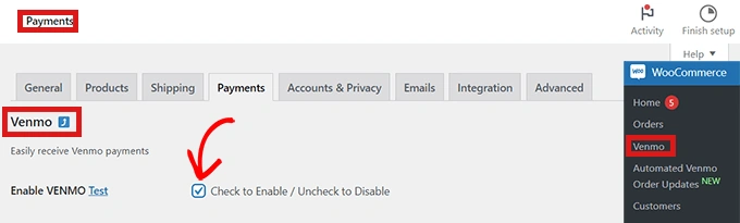 在 Venmo 页面启用 VENMO 测试选项