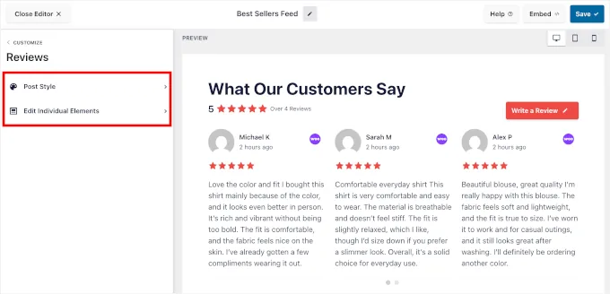 Reviews Feed 的评价面板