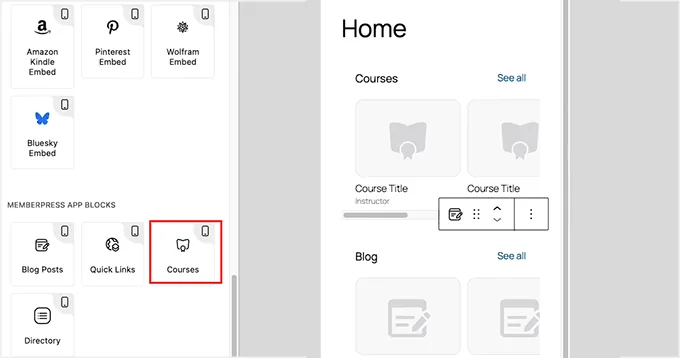 Add the Courses block in MemberPress AppKit