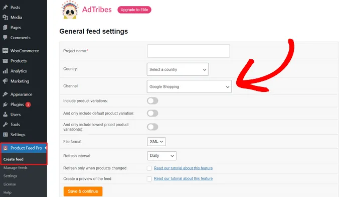 Enter general feed settings and choose Google Shopping as the channel