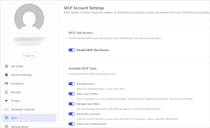 Enabling MCP integration in WordPress.com