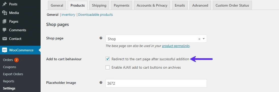 WooCommerce Product settings panel to enable Redirect to Cart behavior