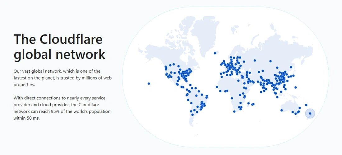 A screenshot from Cloudflare's website showing a global map of all its POPs.