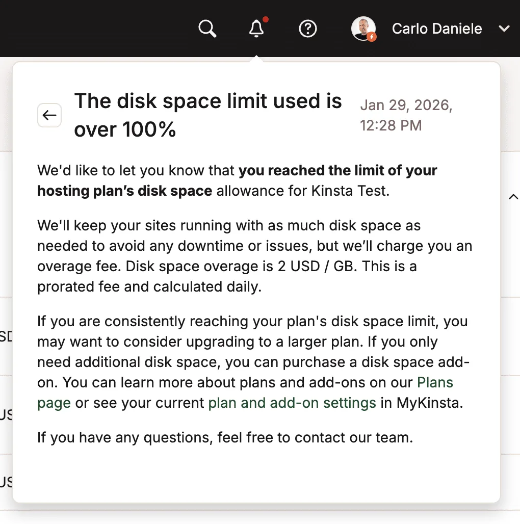 Disk space notification in MyKinsta