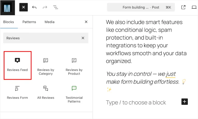 Adding Reviews Feed block