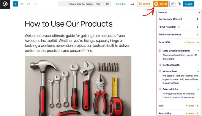 右侧面板中的 AIOSEO 设置