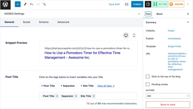 单个帖子或页面的 AIOSEO 设置部分