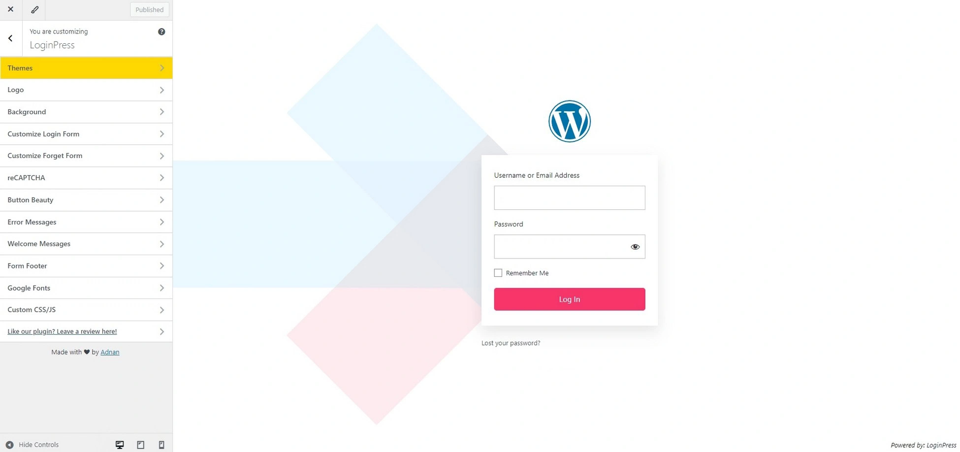 WordPress 定制器窗口打开，其中包含您当前的登录页面
