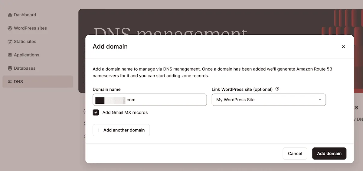 Add domain modal box showing input fields for a domain name, link to a WordPress website, and a Add Gmail MX records checkbox underneath.