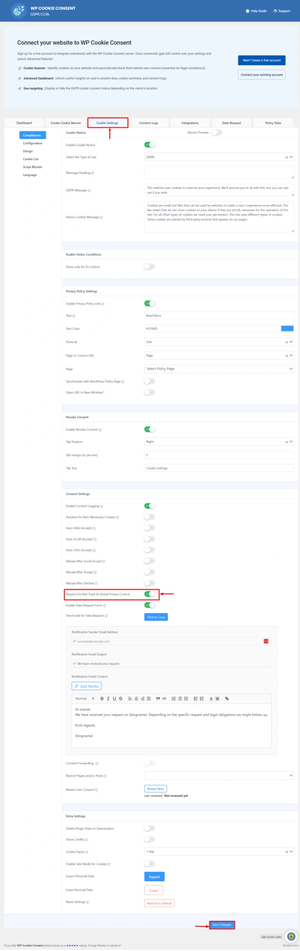 Toggling on Global Privacy Control in cookie settings