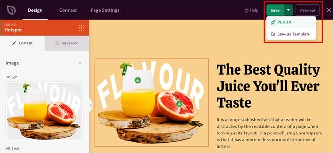 Publishing a landing page with an image hotspot made with SeedProd
