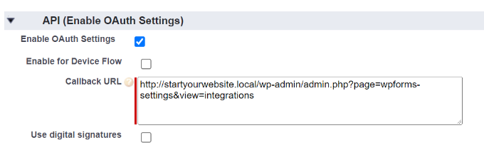 输入 Salesforce 的回调 URL 输入回调地址