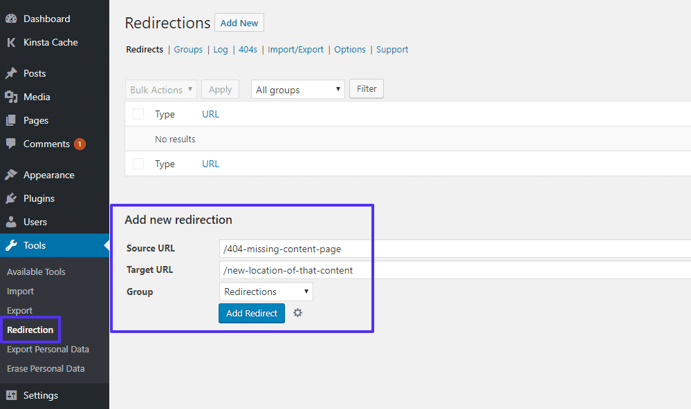 为什么WordPress很慢?让我们弄清楚! 25 Using the free WordPress 'Redirections' plugin.