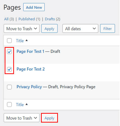 如何在WordPress中删除页面?(不做404页面) 4 Select Multiple Pages