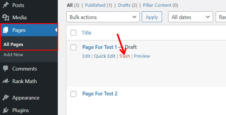 Trash Page How to Delete Pages in WordPress