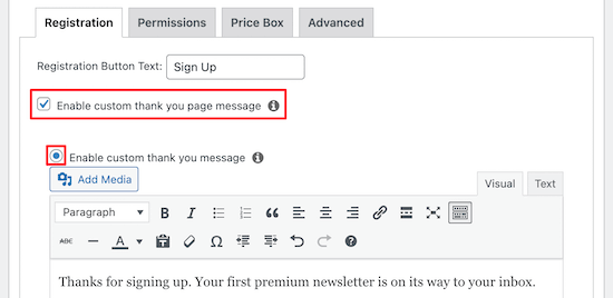 Enable custom thank you message 启用自定义感谢消息