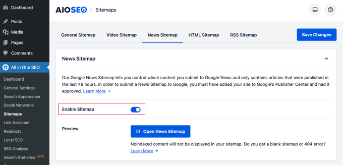 News sitemap in All in One SEO for WordPress WordPress 的 All in One SEO 中的新闻站点地图