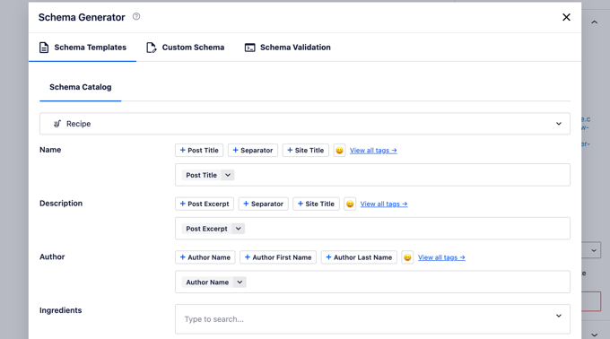 Additional fields to enter recipe schema information 用于输入配方架构信息的其他字段